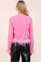 Mittoshop Feather Trim Long Sleeve Crop Hacci Knit Top - Chic & Cozy Midweight Knitwear